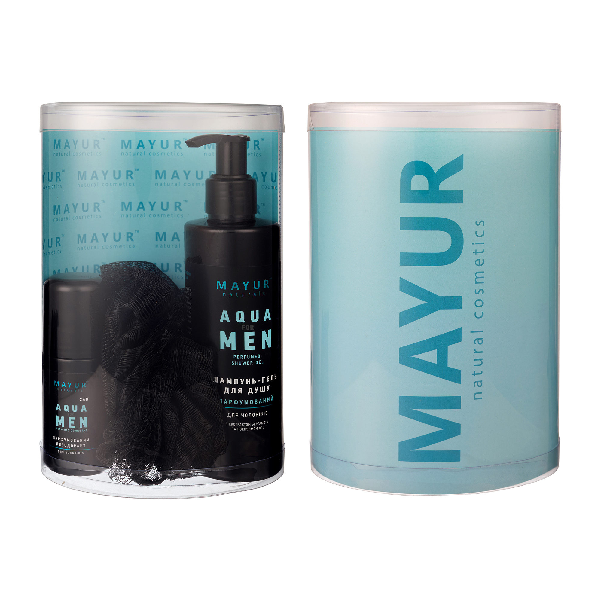 Чоловічий набір Mayur Aqua For Men (шампунь-гель для душу, 200 мл + дезодорант, 50 мл + мочалка, 1 шт)